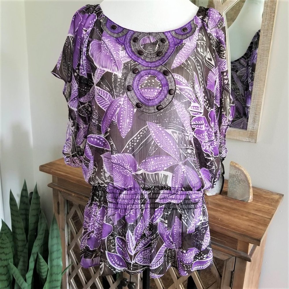 Nue Options Brand Top Blouse Purple Gray Black Tropical Print Size 1X